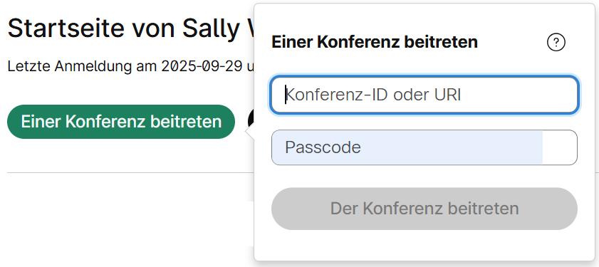 Popup-Fenster Zusammenführen zeigt Optionen zur Eingabe von Konferenz-ID und Passcode an